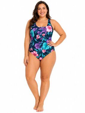 Zeraca Women's Hawaiian Tropical Floral Print Racerback 1-Piece Swimwear